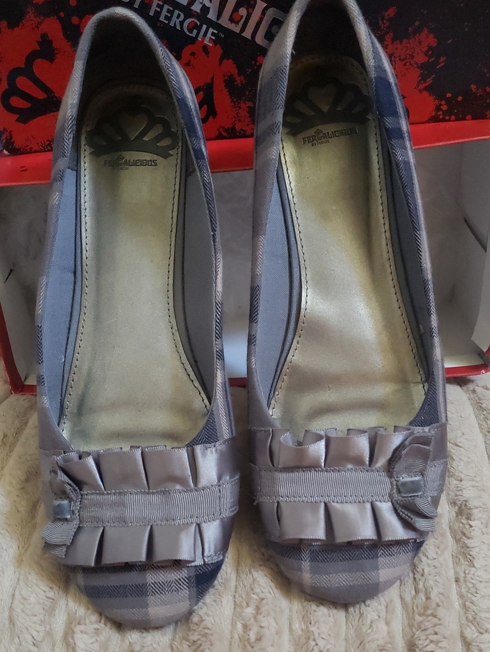 Fergalicious Gray Plaid Ribbon-Trim Ballet Flats Size 10M